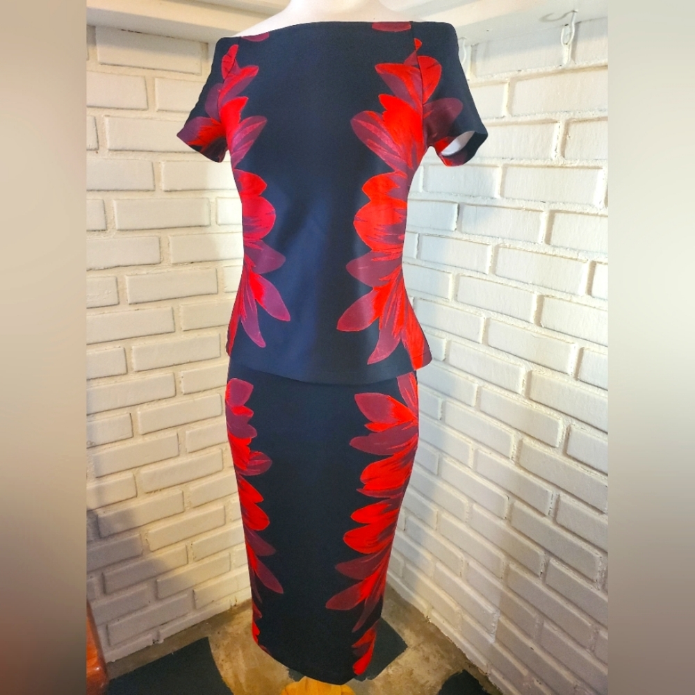 2 piece stretchy black and red floral dress